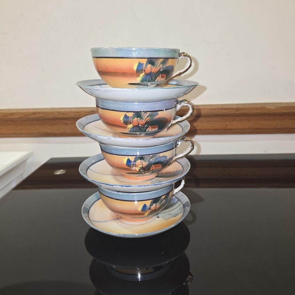 8pc Vintage Hand-Painted Porcelain Japanese Lusterware Teacup/Saucer Set Takito